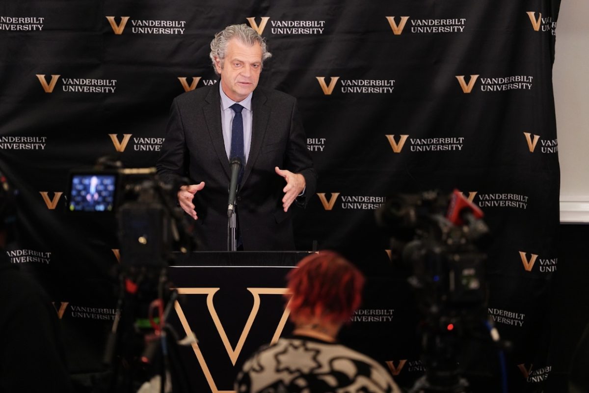 Chancellor Daniel Diermeier speaks at Special Olympics press conference, as photographed on Feb. 17, 2025. (Photo courtesy of Vanderbilt University)